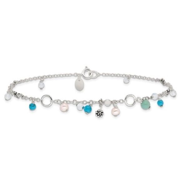 Sterling Silver Turquoise/Clear Bead/FW Cultured Pearl Anklet, NWT - Picture 1 of 4